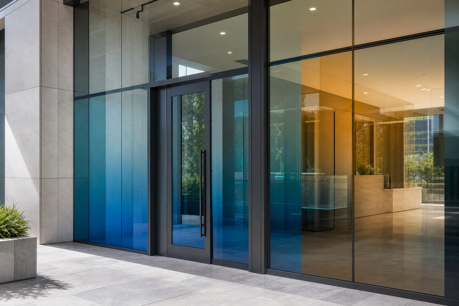 A modern glass entrance with tasteful blue and amber coloured film