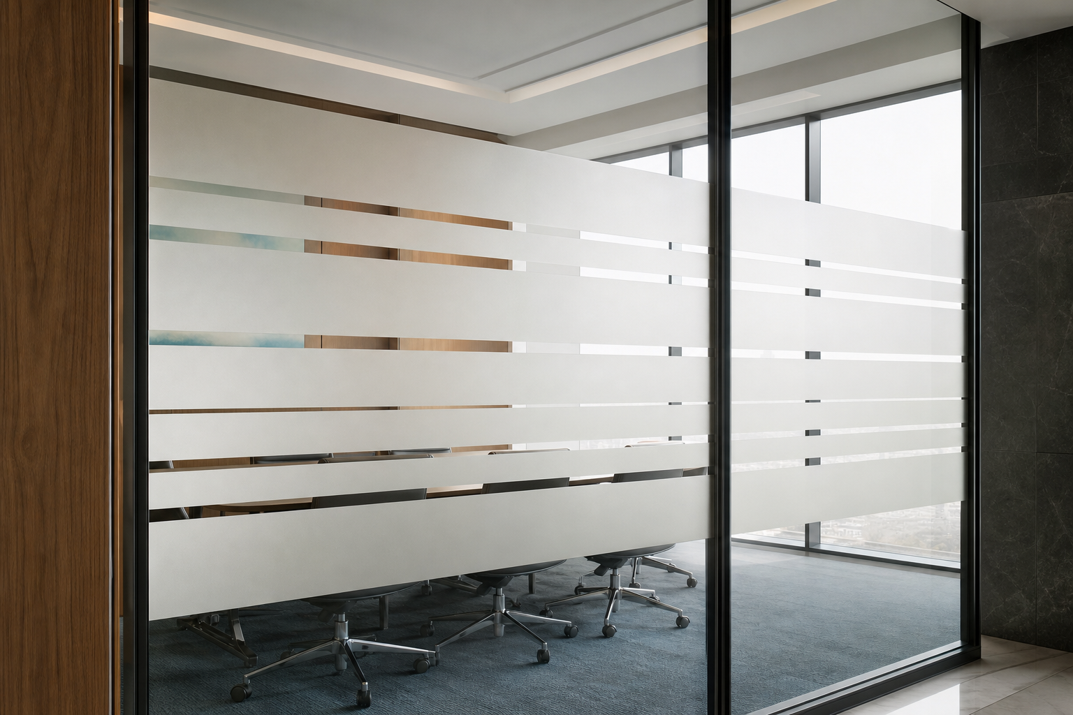 An upscale office with frosted decorative privacy film