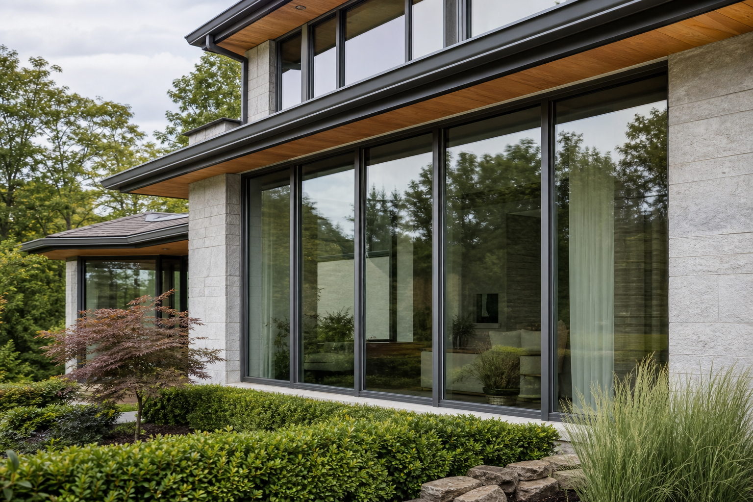 A contemporary home with expansive floor-to-ceiling glass