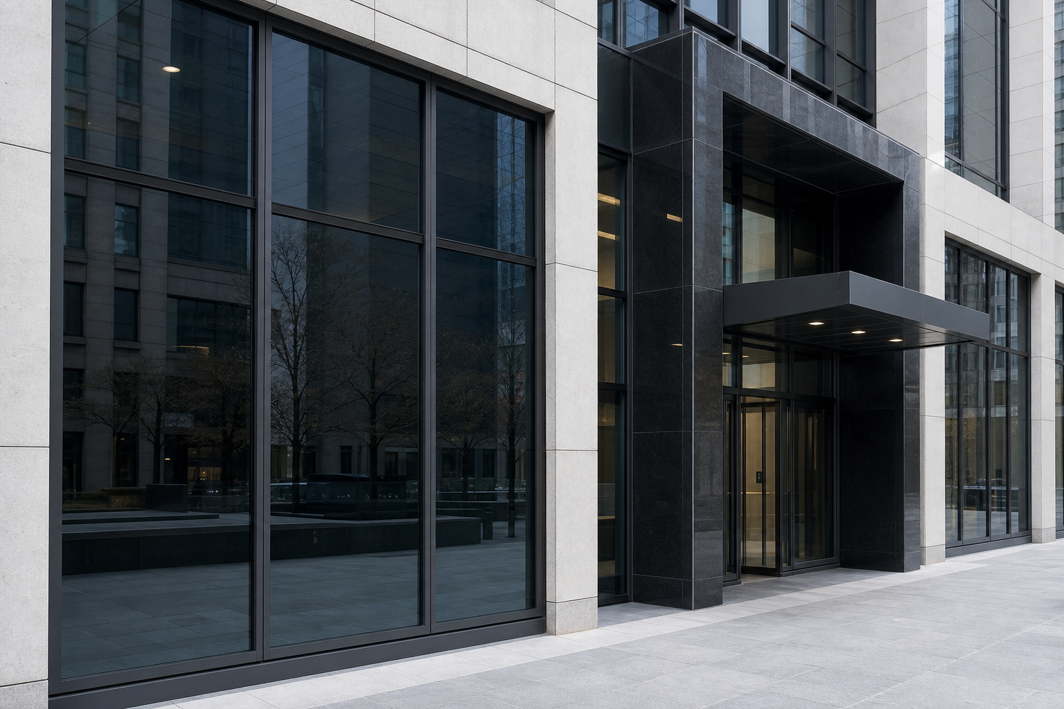 A premium commercial building with blue-grey tinted glass